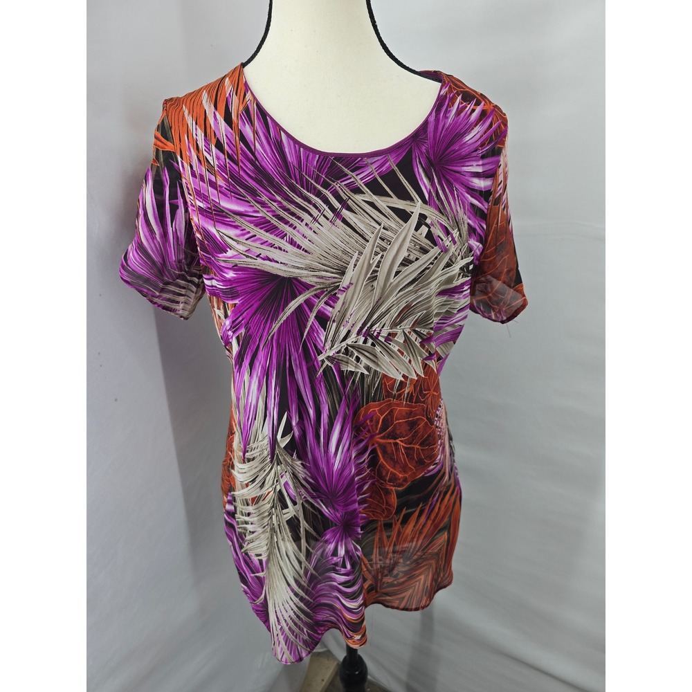 Clara Womens Tropical Palm Leaf Print Short Sleeve Blouse Purple Orange Size M